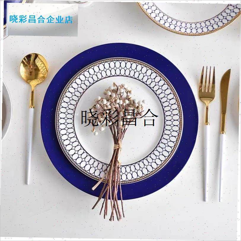 欧式宴会西餐盘金色珠点玻璃盘高级F感牛排盘家用餐具套装好看摆l