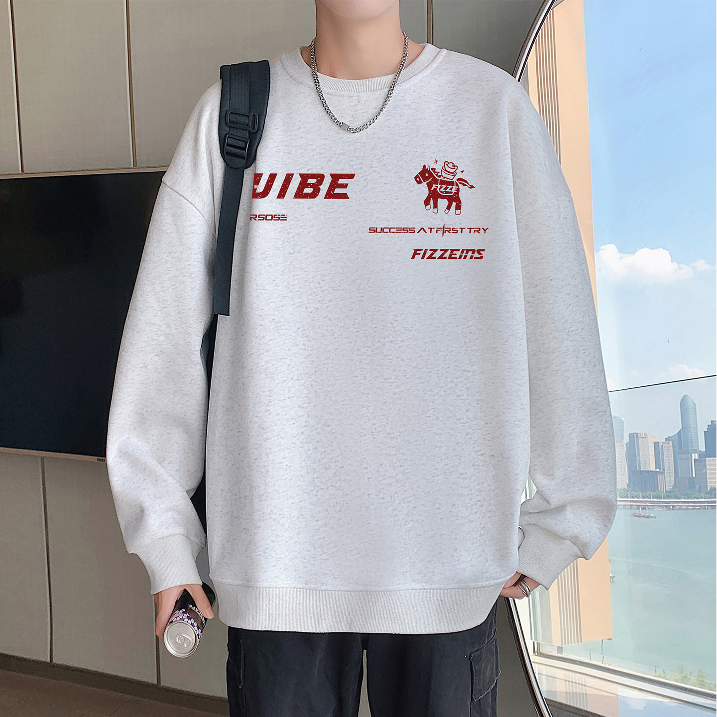 重磅圆领印花卫衣男2026春秋季新款美式潮牌宽松长袖无帽内搭上衣