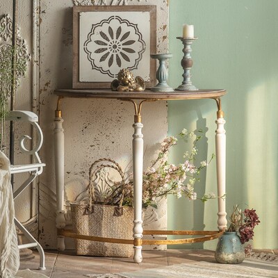 侘寂风半圆桌子玄关台靠墙装饰置物架民宿复古走廊仿古实木隔断台