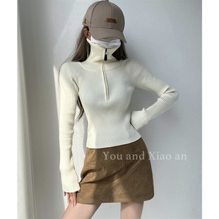 攻气盐系半拉链套头毛衣女早秋高领针织衫外穿内搭黑色甜酷短外套