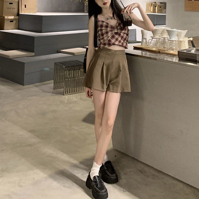 套装女2024夏季格子背心蝴蝶结吊带上衣高腰百褶短裙裤西装阔腿裤