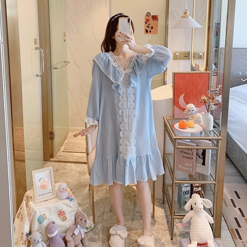 宫廷睡衣女春秋纯棉蕾丝花边全棉纱布可爱甜美仙女夏季家居服睡裙