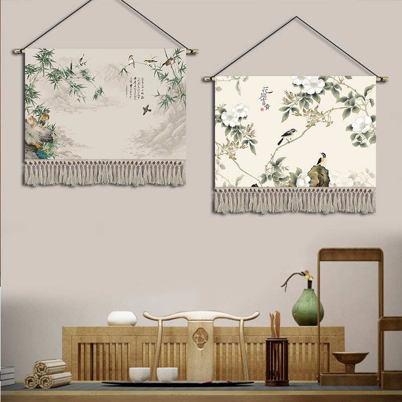 新中式轻奢花鸟挂毯布艺客厅卧室装饰画茶楼走廊壁画挂画遮挡布画图片