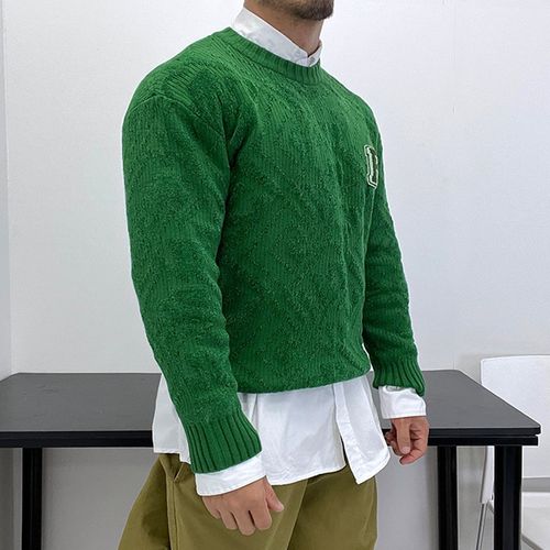 质感立体纹理!弹性秋冬套头圆领毛衣毛线衫加厚保暖潮男显壮绿色