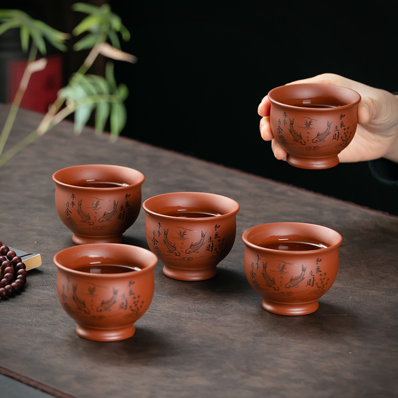 朱泥紫砂茶杯手工刻绘年年有余主人杯品茗杯泡茶水杯高档礼盒装