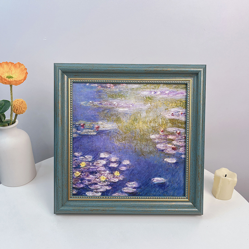 莫奈睡莲复古油画装饰画客厅卧室背景墙挂画法美式相框桌面摆件画