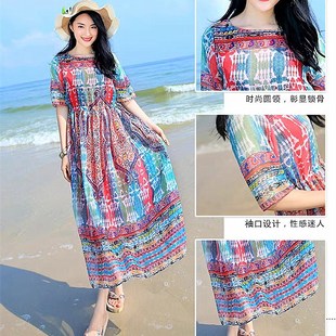 波西米亚胖mm大码沙滩裙中长款海边度假显瘦长裙中袖连衣裙夏宽松