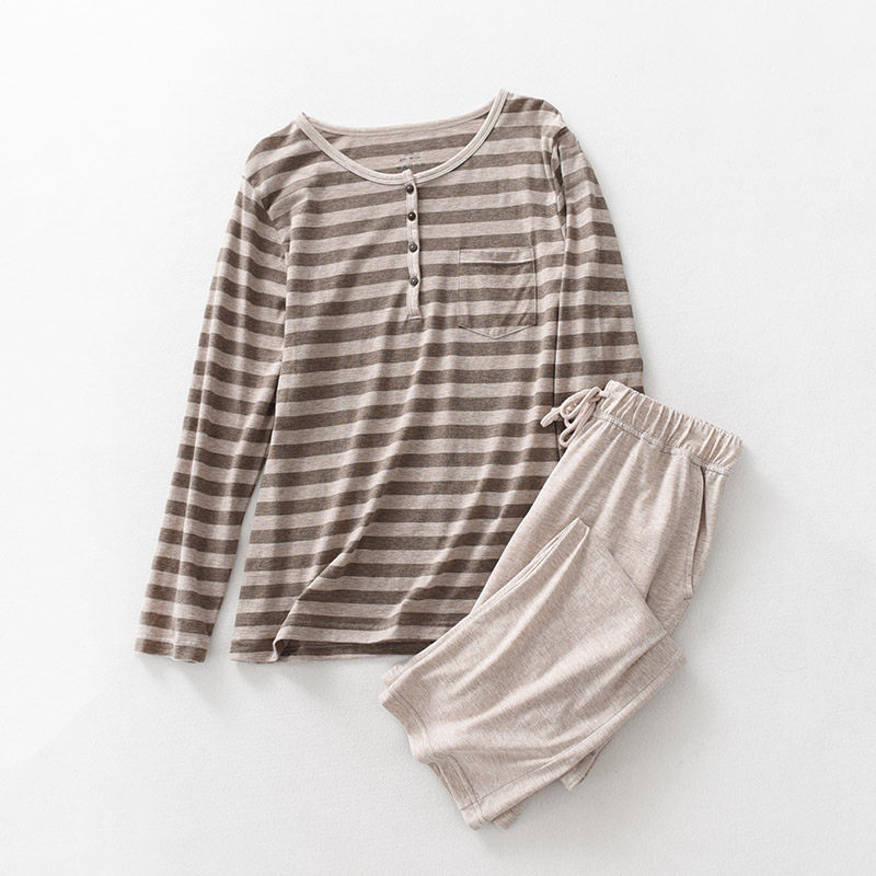 春秋超舒服纯棉情侣条纹家居服 男睡衣 女士长袖长裤套装居家T恤