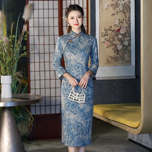 高端气质日常可穿连衣裙 旗袍2024年新款 复古民国风中年妈妈装 长袖