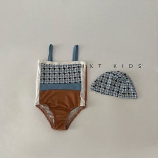 婴儿女宝宝夏季出游海边游泳套装女童洋气拼接吊带泳衣泳帽两件套