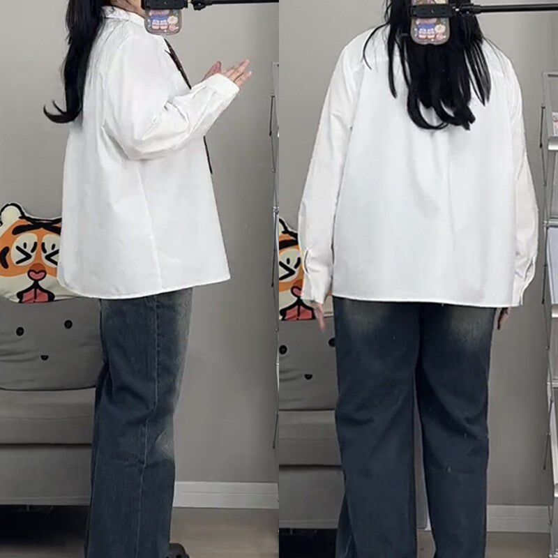 胖mm遮肚藏肉白色衬衫女春夏秋百搭大码宽松显瘦外穿开衫长袖上衣