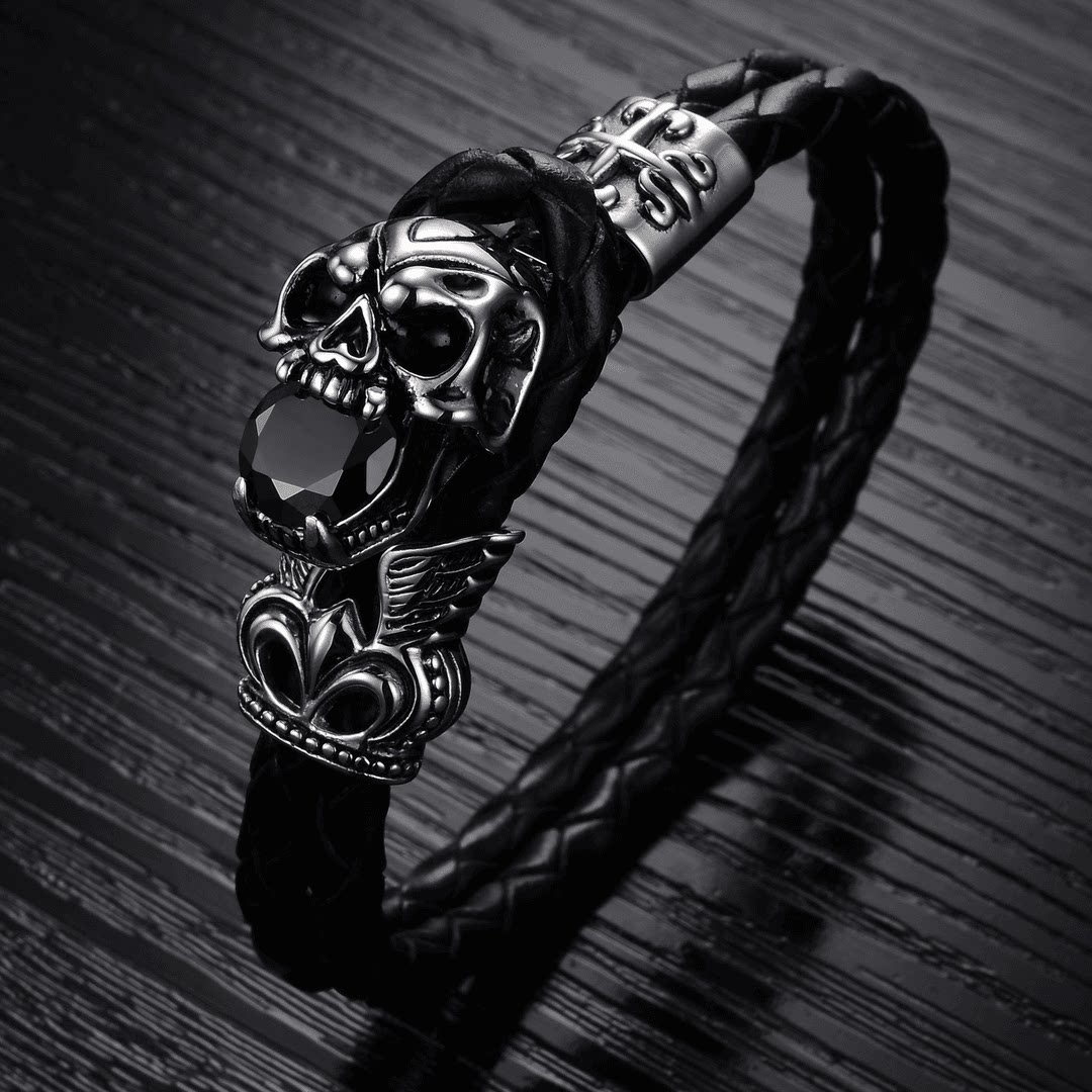 ROCK PUNK朋克风个性骷髅头钛钢手环男士霸气摇滚皮手链夸张饰品
