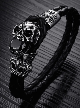 ROCK PUNK朋克风个性骷髅头钛钢手环男士霸气摇滚皮手链夸张饰品