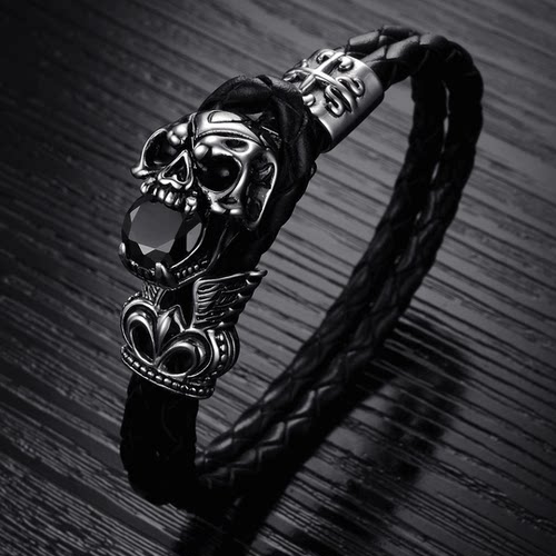 ROCK PUNK朋克风个性骷髅头钛钢手环男士霸气摇滚皮手链夸张饰品