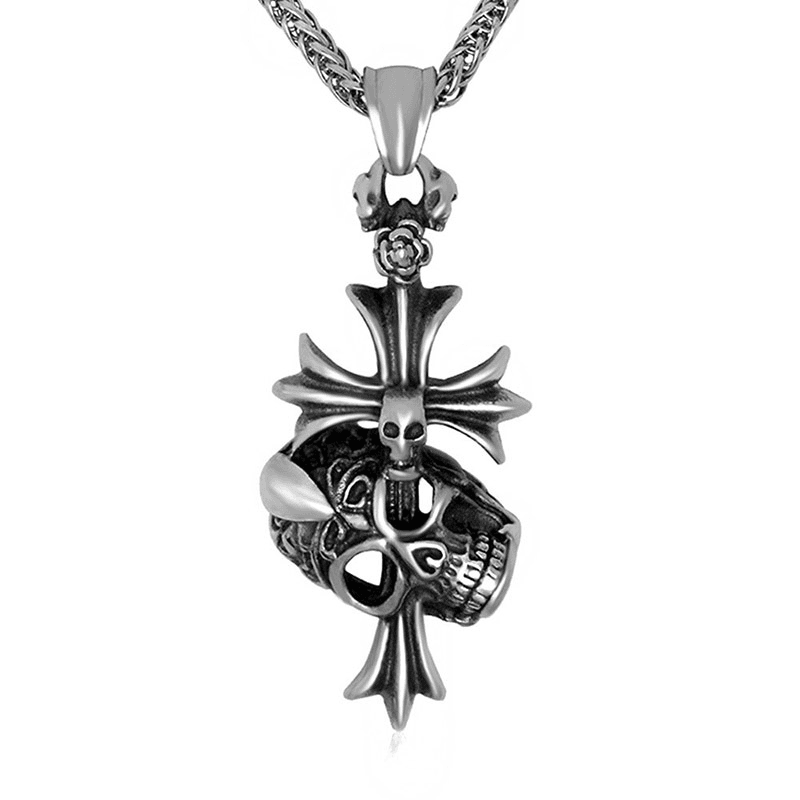 Rock Punk 复古首饰骷髅鬼头十字架项链吊坠男士钛钢个性潮牌吊坠