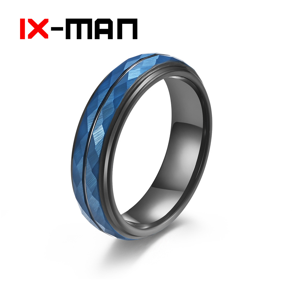 亚马逊货源黑间蓝双色钨钢潮人指环 超硬钨金菱面男戒指手饰品