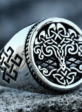 ROCK PUNK欧美维京时尚宽版生命树戒指男士潮牌个性不掉色单身戒