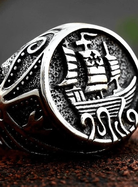 ROCK PUNK朋克风钛钢男士铸造船帆章鱼戒指饰品创意欧美复古霸气
