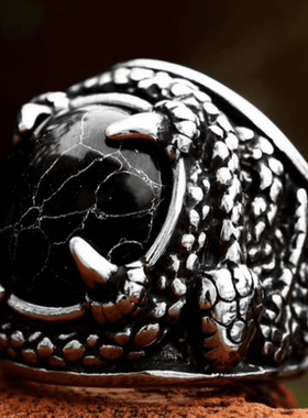 ROCK PUNK手工蛇形黑松石欧美戒指复古男士个性霸气食指镶嵌指环