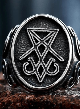 ROCK PUNK时尚潮牌品钛钢路西法撒旦男士戒指欧美复古做旧指环