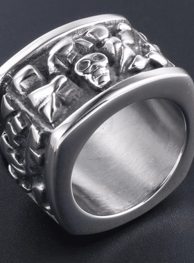 ROCK PUNK宽版欧美复古钛钢戒指男个性潮人时尚方形骷髅扳指饰品