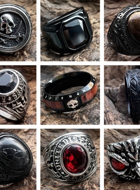 高级感轻奢松石虎眼钛钢戒指潮人做旧黑色时尚不锈钢质感个性饰品