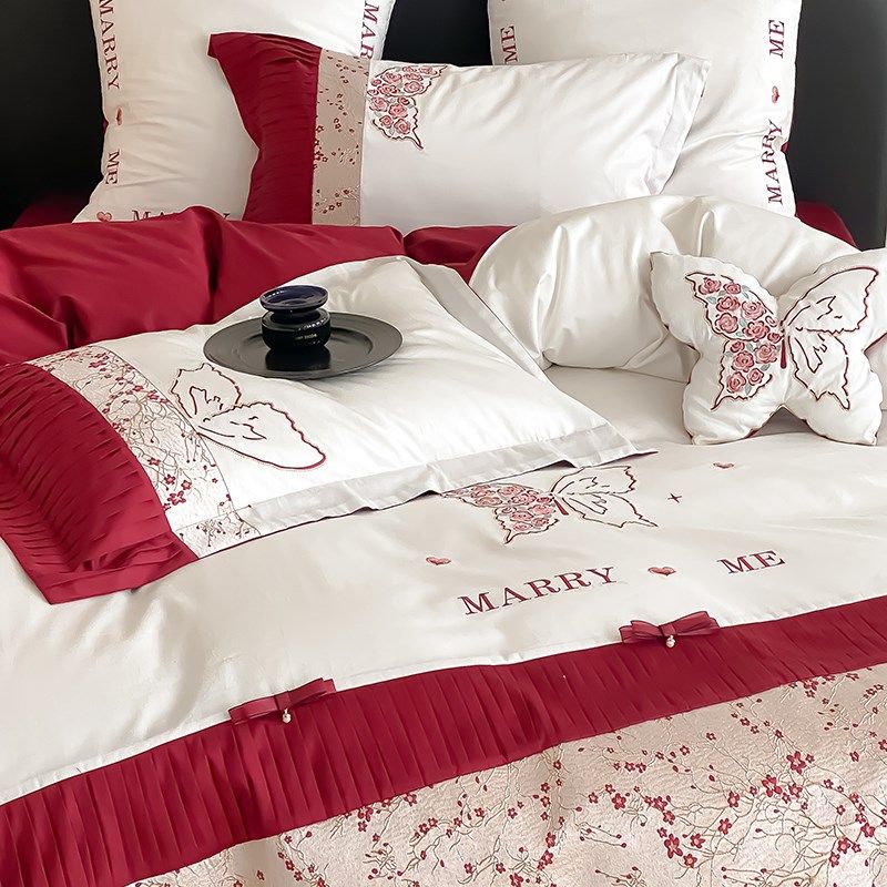 公主风婚庆四件套100S长绒棉红色蝴蝶结拼接被套纯棉结婚床上用品,床上用品,婚庆床品套件,淘宝优惠券,粉丝福利购,淘宝优惠卷