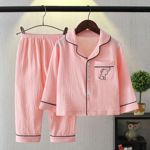 春夏儿童睡衣棉纱长袖长裤套装男孩女童亲子家居服纯棉中大童开衫