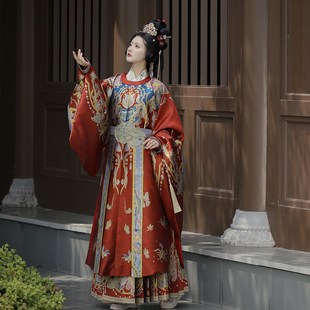 卿如故汉服明制婚服女圆领袍暗纹提花马面裙仿妆花缎好运莲莲红色