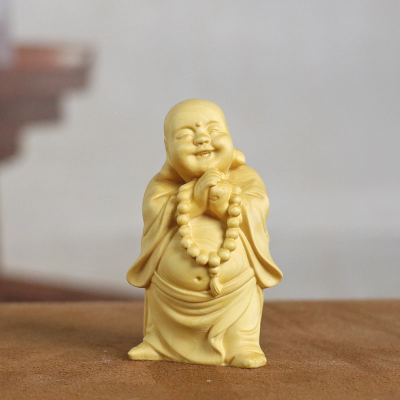 黄杨木雕念珠弥勒佛手把件汽车摆件木质恭喜发财工艺品家居装饰品