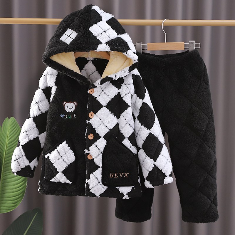 冬季儿童睡衣男童三层夹棉加绒加厚男童法兰绒珊瑚绒中大童家居服