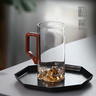 日式玻璃观山茶杯带把手家用水杯个人专用绿茶杯单个自饮水晶杯子