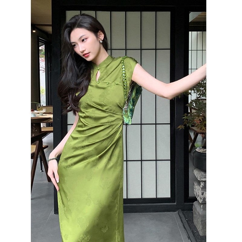 170新中式国风高个子改良旗袍加长版连衣裙到脚踝超长款夏气质裙