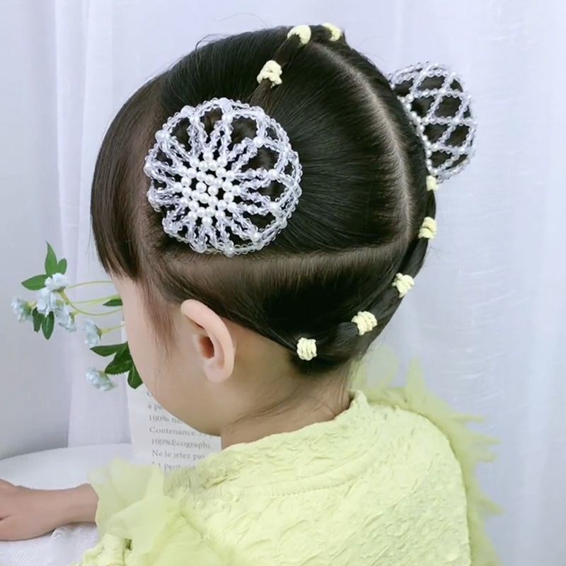 儿童洋气新中式丸子头串珠发网女童旗袍汉服气质水晶珍珠手工发饰