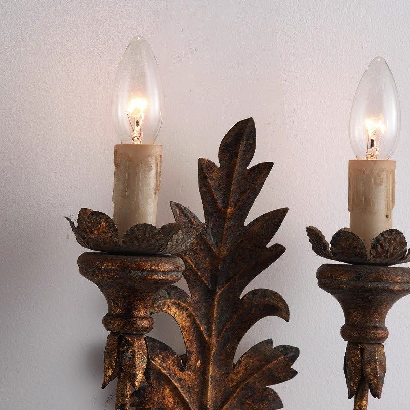 美式乡村复古双头壁灯金色做旧欧式花纹墙壁灯卧室床头灯走廊壁灯