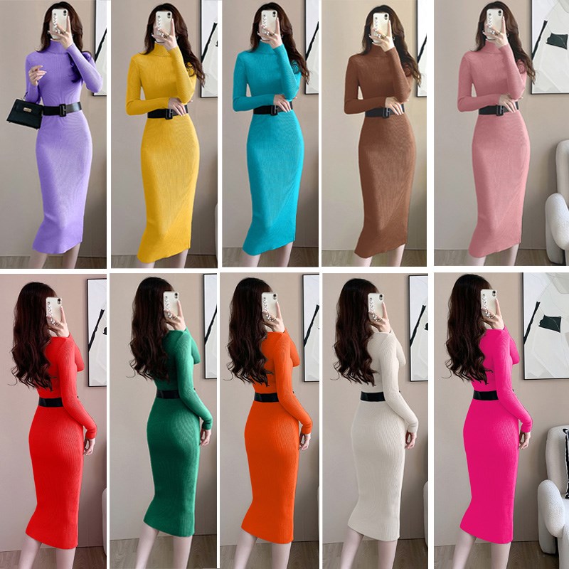 针织连衣裙女秋冬修身显瘦极简百搭高领配大衣长款打底裙内搭过膝