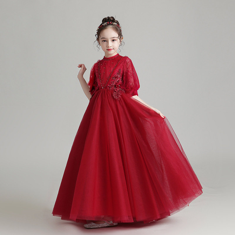 儿童晚礼服红色公主裙女童钢琴演出服走秀花童婚纱生日主持人秋冬