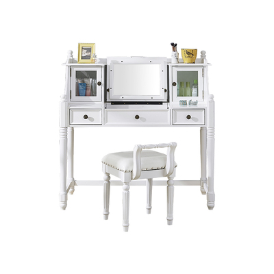 美式翻盖梳妆台简约小户型卧室实木书桌收纳柜一体轻奢化妆桌白色