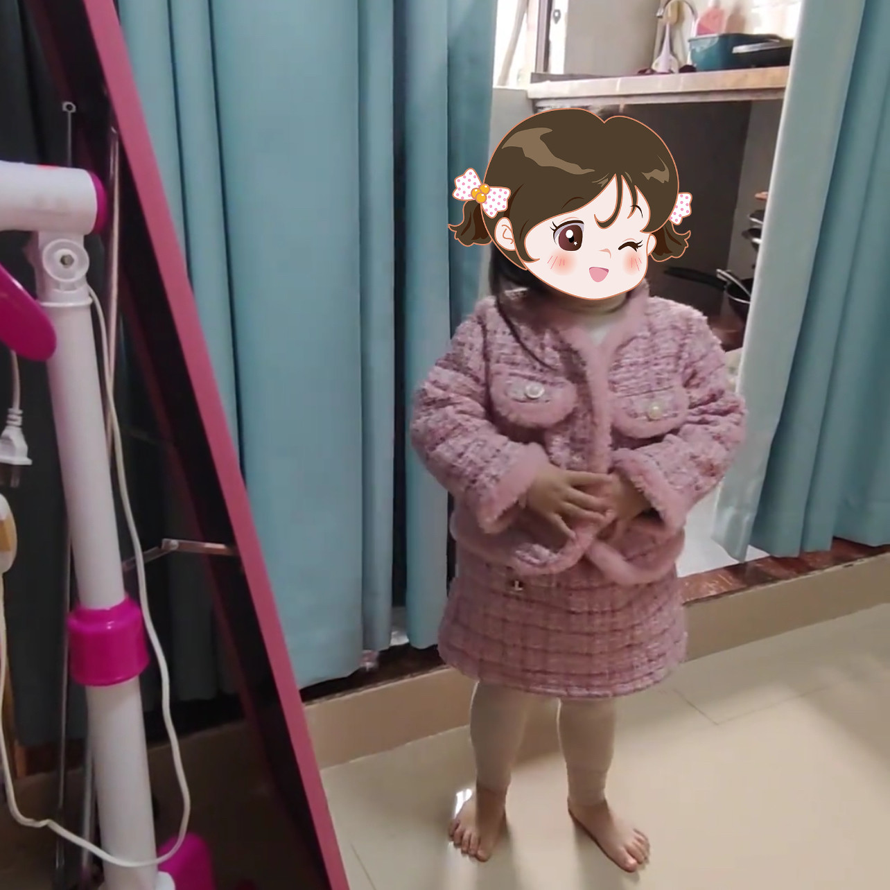 气质名媛可爱粉色外套半身裙两件套女童小香风套装冬款夹棉时髦