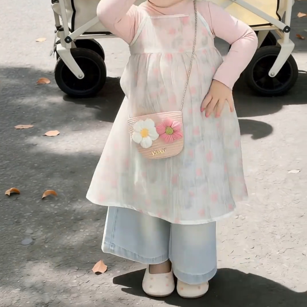 2026仙女可爱碎花女童新款夏季长袖T恤碎花吊带裙叠穿三件套装