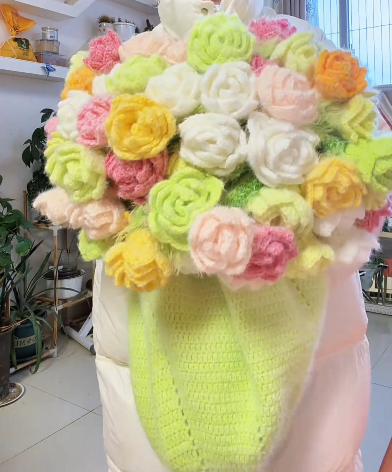 抖音同款绿色送女友礼物花束毯子材料包花束毯手工钩织玫瑰花毯子