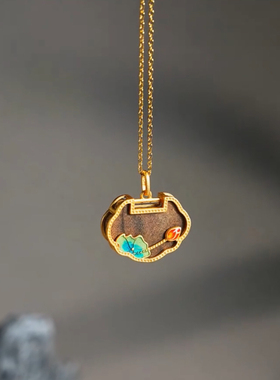 吊坠女款珐琅古风中国风天然项链女纯银荷花平安锁长命玉锁