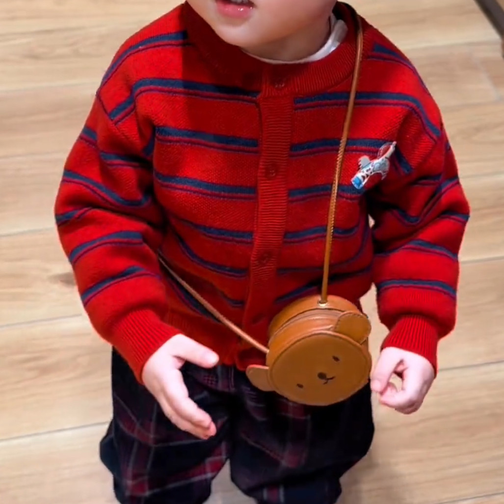 条纹男童毛衣开衫2026冬装新年红色加厚宝宝毛线外套上衣喜庆过年