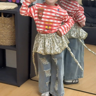 可爱女童套装新款卡通条纹上衣2026屁帘休闲牛仔裤三件套百搭