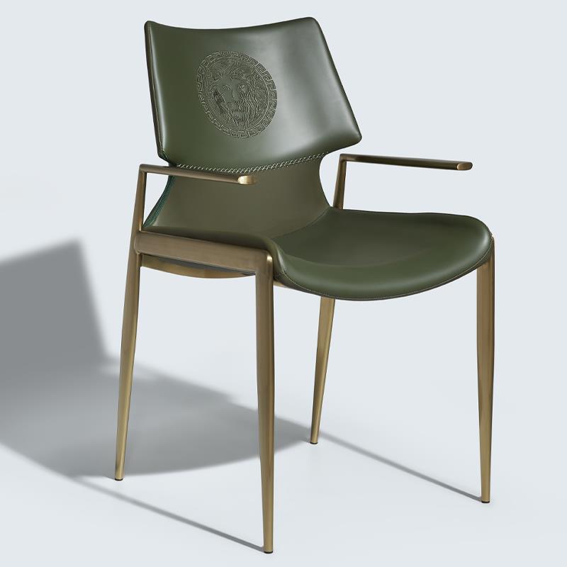 狮王狮头马鞍皮高端意式轻奢极简带扶手奢石餐桌餐椅茶台椅书椅