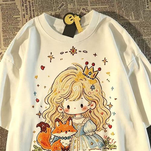 奥特莱斯~专柜撤回捡漏美式潮流卡通公主蜡笔画设计女生短袖T恤衫