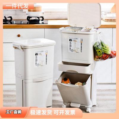厨房垃圾桶家用带盖2025新款大容量双层厨余收纳干湿分离分类日式