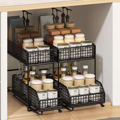 超窄双层拉篮厨房下水槽置物架夹缝隙收纳拐角储物抽拉式橱柜分层