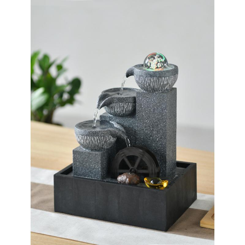 桌面流水摆件循环生财风水轮水车茶台小型喷泉水晶球E18