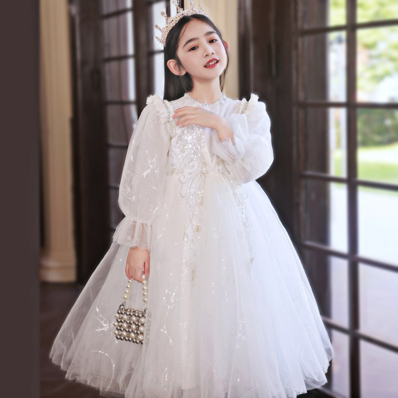 女童礼服高端秋冬季主持人钢琴演奏花童婚礼小女孩白色儿童公主裙